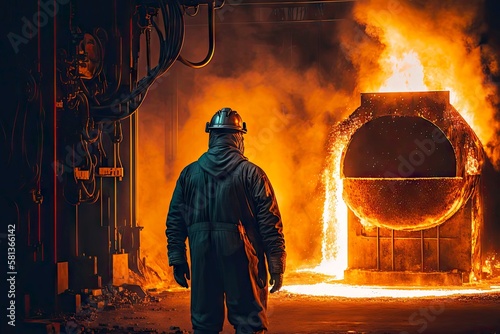 foundry industry worker stands near open smelting furnace and watches process, created with generative ai photo