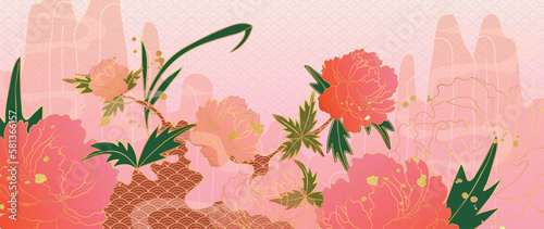 Luxury oriental flower background vector. Elegant pink peony flowers golden line art decorate with oriental pattern texture. Design illustration for decoration, wallpaper, poster, banner, card.