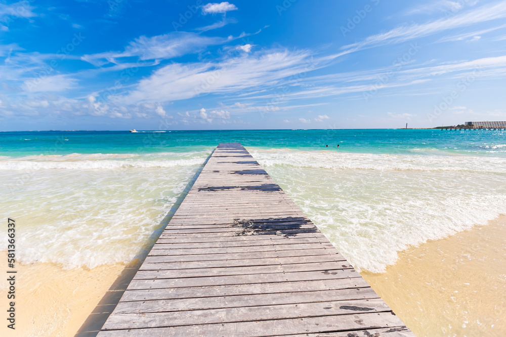Tropical paradise beach with white sand and coco palms travel tourism wide panorama background. Luxury vacation and holiday, tropical beach resort concept. Beautiful beach design in cancun, mexico Tropical paradise beach with white sand and coco palms travel tourism wide panorama background. Luxury vacation and holiday, tropical beach resort concept. Beautiful beach design in cancun, mexico