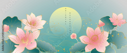 Luxury oriental flower background vector. Elegant pink lotus flowers golden line art with oriental wave line pattern and gold brush ink drop texture. Design for decor, wallpaper, poster, banner, card.