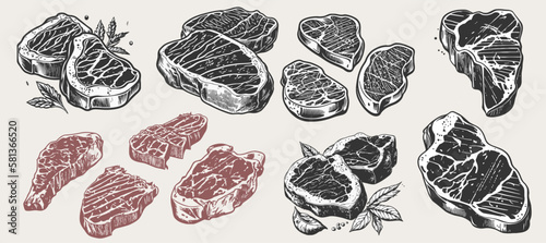 Sketch of a hand-drawn grilled steak with sauce and rosemary.  Vector illustration