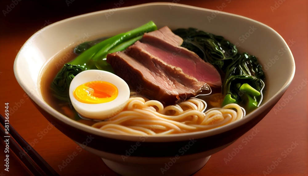 Ramen: A delicious and comforting Japanese noodle soup dish with beautiful presentation and versatile ingredients, Generative AI, illustration Ramen: A delicious and comforting Japanese noodle soup dish with beautiful presentation and versatile ingredients, Generative AI, illustration