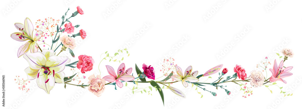 Panoramic view: bouquet of carnation, lilies, spring blossom. Horizontal border for Mothers Day or wedding invitation. Gentle realistic illustration in watercolor style on white background. Vector