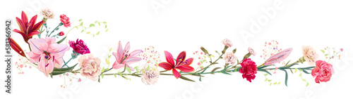 Panoramic view: bouquet of carnation, lilies, spring blossom. Horizontal border: bright flowers, buds, leaves on white background. Realistic digital illustration in watercolor style, vintage, vector