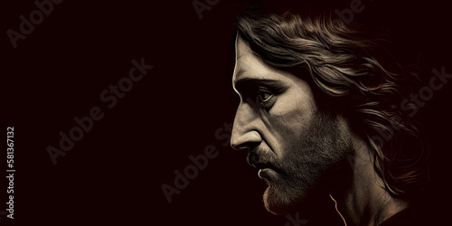 Jesus Christ face side profile with copy space created with Generative AI © JoelMasson