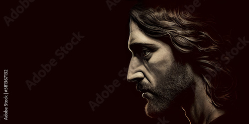 Jesus Christ face side profile with copy space created with Generative AI