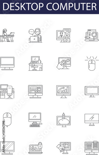 Desktop computer line vector icons and signs. Computer, Personal, DesktopPC, PC, System, Machine, HomePC, OfficePC outline vector illustration set