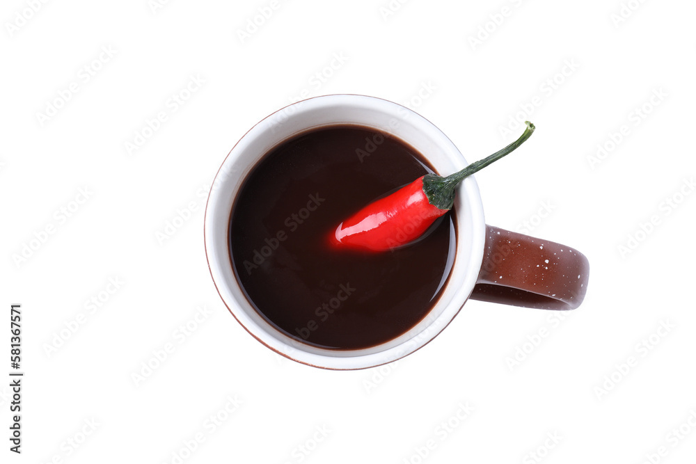 Hot chocolate with pepper, isolated on white background