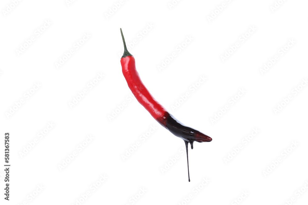 Chili pepper with melted chocolate isolated on white background Chili pepper with melted chocolate isolated on white background