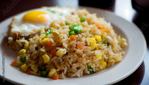 Fried Rice and versatile dish made with stir-fried rice, vegetables, and often meat or seafood, seasoned with sauces and spices and served with garnishes and condiments, Generative AI, illustration