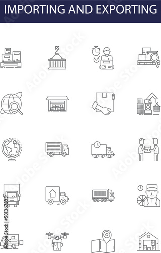 Importing and exporting line vector icons and signs. shipping, import, business, ship, export, transportation, industry,container outline vector illustration set