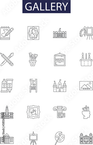 Gallery line vector icons and signs. Picture, Photograph, Museum, Exhibit, Hall, Room, Collection, Archive outline vector illustration set