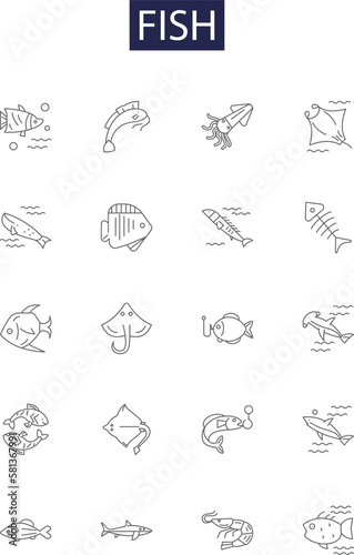 Fish line vector icons and signs. Salmon, Trout, Goldfish, Mackerel, Cod, Perch, Tuna, Bass outline vector illustration set