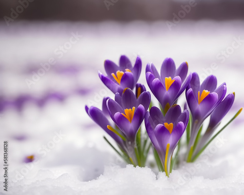 Crocus bulb blooming in snow, first spring flower. Generative AI