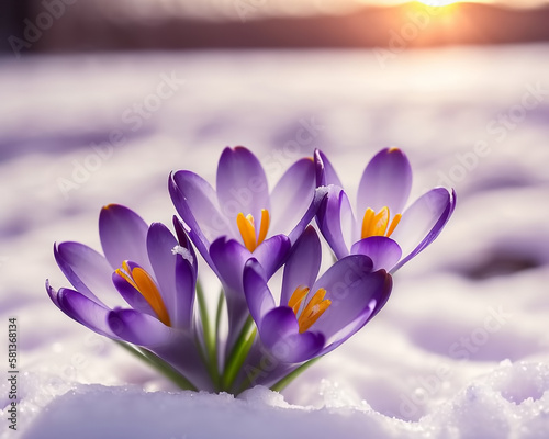 Crocus bulb blooming in snow, first spring flower. Generative AI