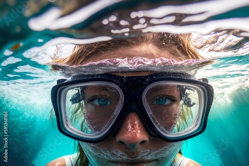 girl pops up from sea after freediving class, created with generative ai photo
