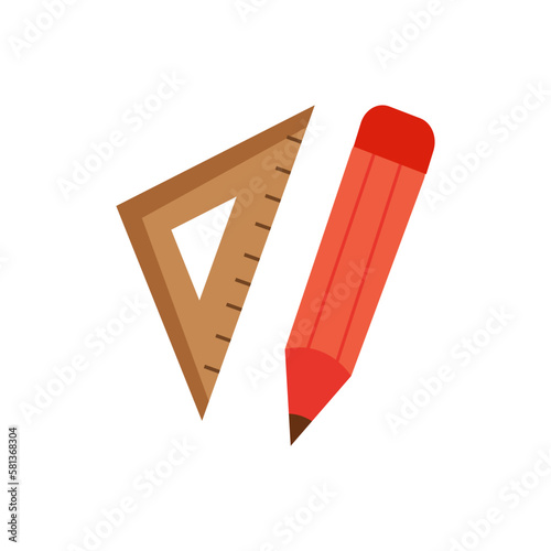 Pencil and triangle ruler line cartoon flat set illustration. School math tools cartoon set.
