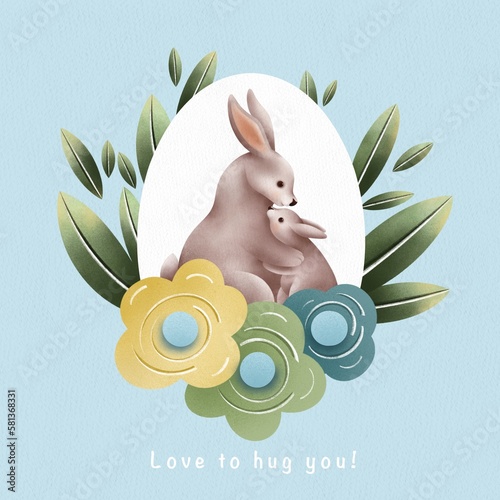 Baby bunny hug mom against the green leaves and colorful flowers. Cute animal illustration on blue background and hand drawn style. Mother’s day greeting card.