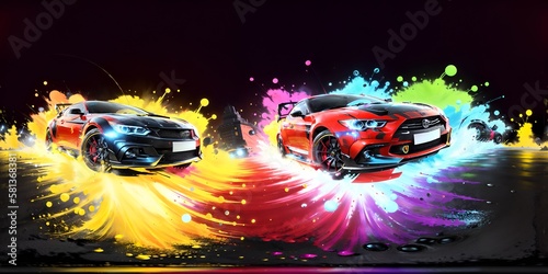 Animated Auto Artistry: Bringing Colorful Car Paint to Life.  3d illustration. ai generative technology vr ready, virtualrealityart. photo