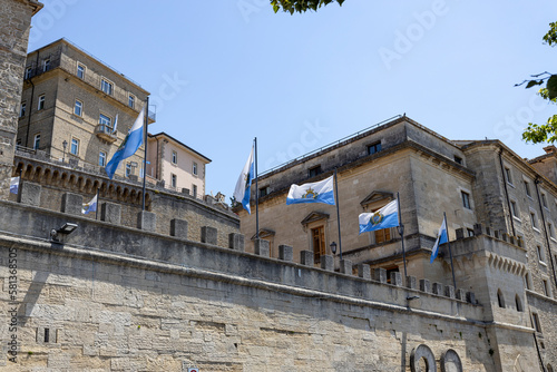 SAN MARINO, JULY 5, 2022 - City walls and flags of the city state of San Marino, Europe