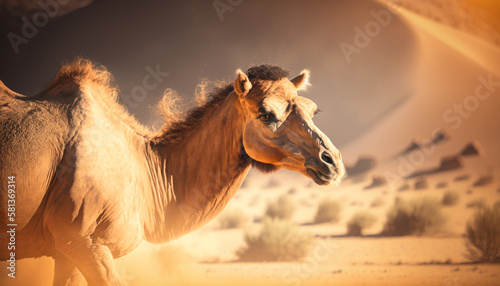a camel strolling through the desert on a hot sunny day