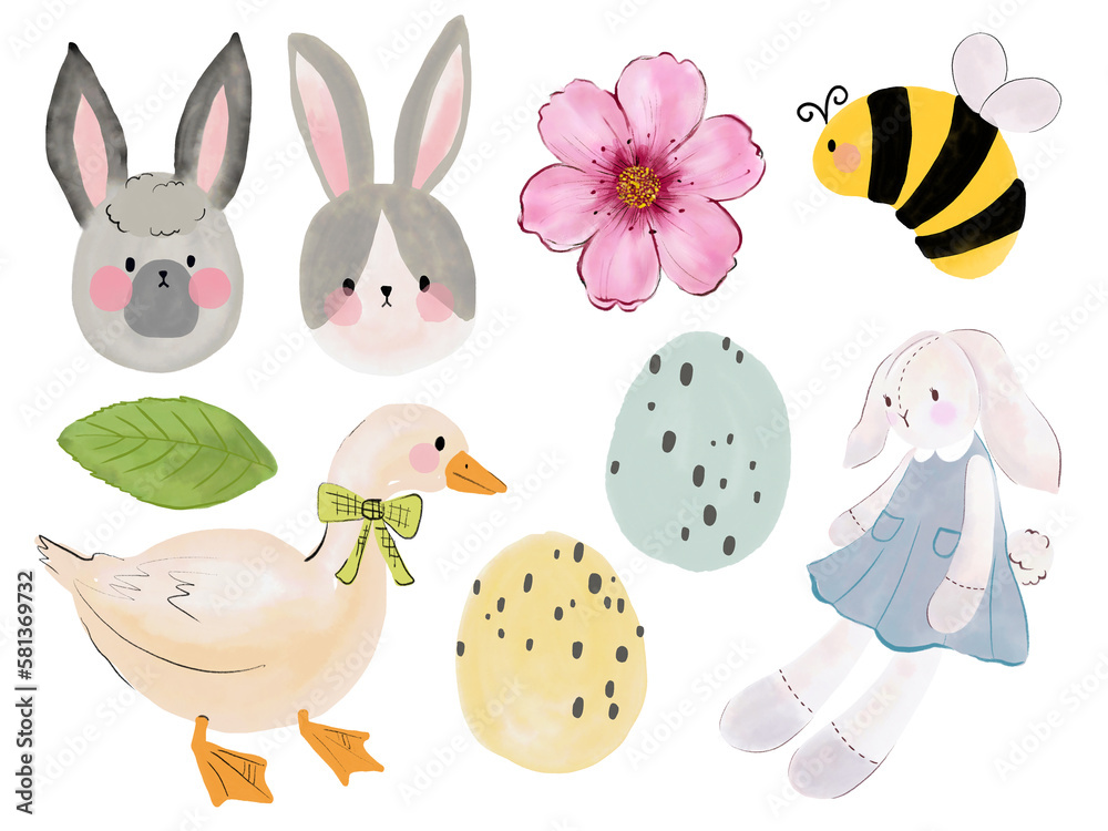 Obraz premium Watercolor easter bunny rabbit animal farmer wild field botanical leaf foliage arrangement ornament hand drawn illustration