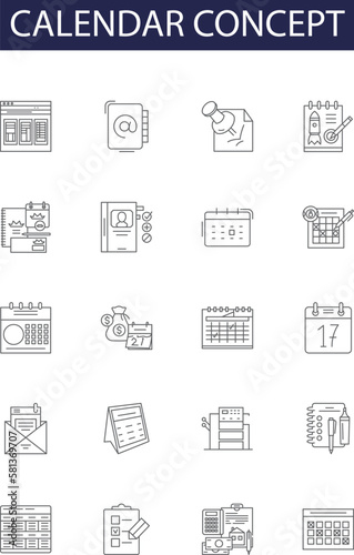 Calendar concept line vector icons and signs. Schedule, Planning, Days, Events, Months, Years, Timing, Occasions outline vector illustration set