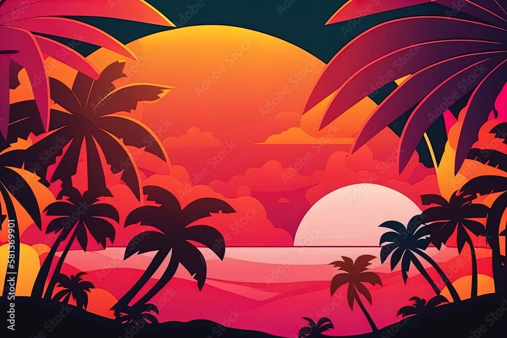 Tropical paradise landscape hawaii cartoon background with palm trees and seaside beach on sunset background