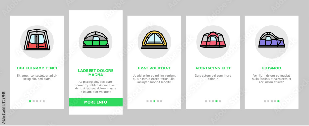 tent vacation travel tourism onboarding icons set vector