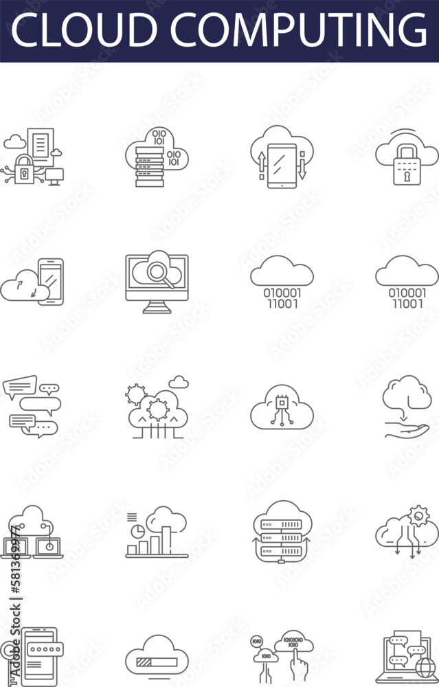 Cloud computing line vector icons and signs. Computing, Storage, Services, Networking, Platform, Security, Solutions, Deployment outline vector illustration set