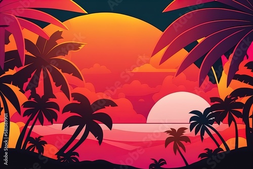 Tropical paradise landscape hawaii cartoon background with palm trees and seaside beach on sunset background
