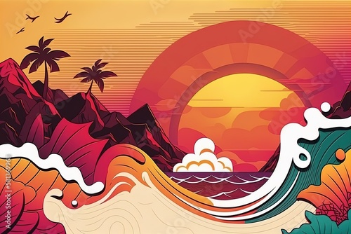 Tropical paradise landscape hawaii cartoon background with palm trees and seaside beach with waves on sunset background