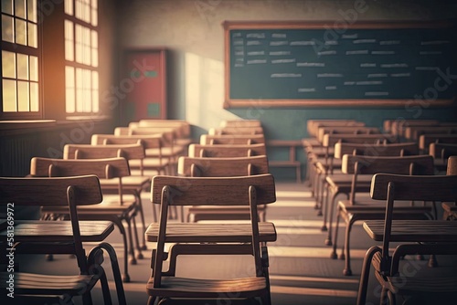 Empty university classroom with many wooden chairs. Wooden chairs well arranged in college classroom. Empty classroom with vintage tone wooden chairs. Back to school concept. Generative AI © AkuAku