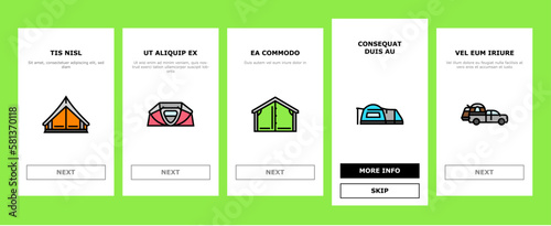 tent vacation travel tourism onboarding icons set vector
