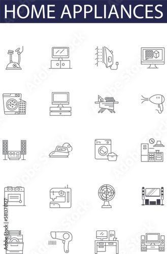Home appliances line vector icons and signs. Refrigerator, Microwave, Washer, Dryer, Oven, Stove, Dishwasher, Garbage-Disposal outline vector illustration set