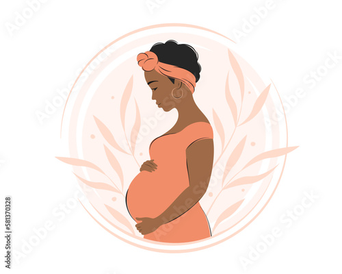 Pregnant woman with dark hair and skin, future mom hugging belly with arms. Pregnancy and motherhood concept. Vector illustration.