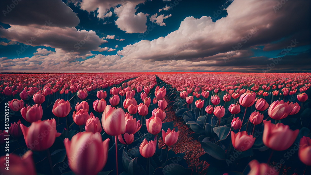Spring time, Beautiful pink tulip flower in flower field with Generative AI.