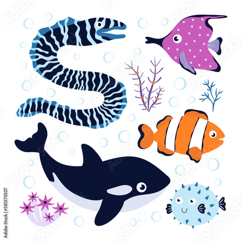 cartoon sea and ocean animals set isolated on white