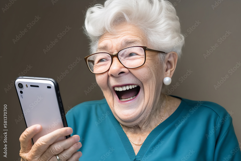 Generative ai illustration of Senior woman's looking happily with her smart phone Generative ai illustration of Senior woman's looking happily with her smart phone