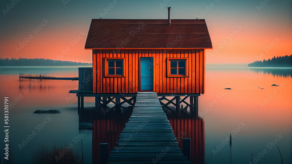 A wooden pier leading to a colorful houseboat with Generative AI. A wooden pier leading to a colorful houseboat with Generative AI.