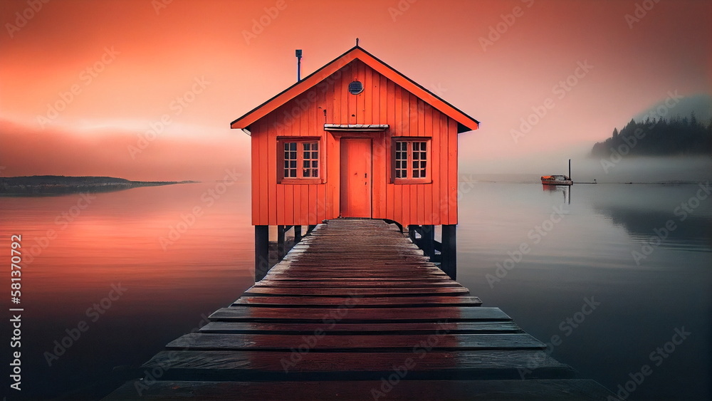 A wooden pier leading to a colorful houseboat with Generative AI. A wooden pier leading to a colorful houseboat with Generative AI.