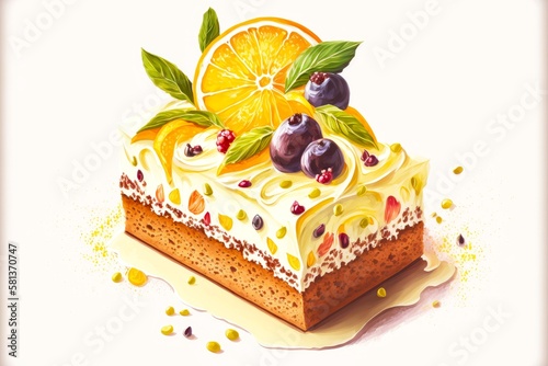 delicious beaful fruit cake with cream and citrus, created with generative ai photo