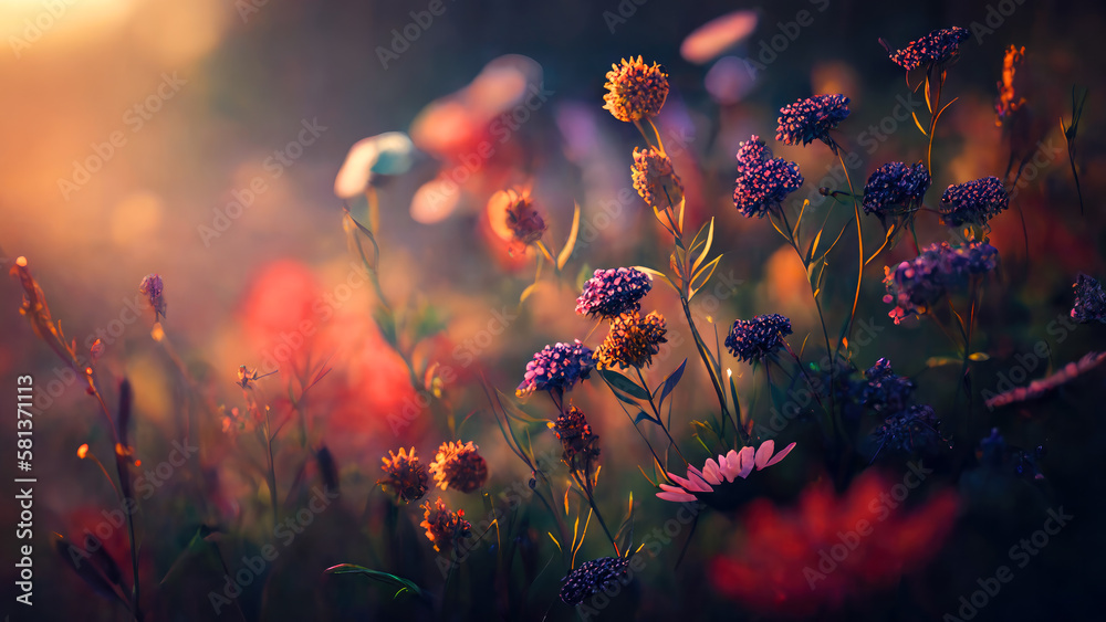 a field of flowers with various species arranged in an artistic and romantic . ai generative