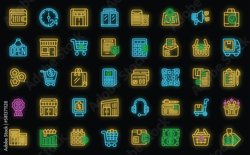 Consumer shop icons set outline vector. Street people. Mall fashion neon color on black isolated