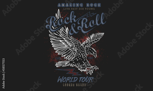 Rock and roll tour t shirt print design. Rockstar vector artwork. Rebel eagle graphic illustration. Music poster.	