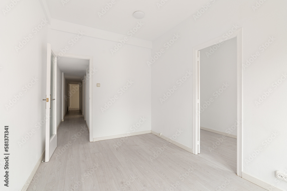 Empty spacious room with light walls and wooden laminate flooring with a corridor and access to another room. The concept of ready-to-let housing or a hotel room. Copyspace