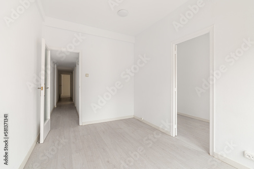 Empty spacious room with light walls and wooden laminate flooring with a corridor and access to another room. The concept of ready-to-let housing or a hotel room. Copyspace
