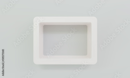 Empty white rounded rectangular shelf or niche on wall 3D mockup. Shop, gallery plastic or wooden showcase to present product. Blank retail storage space. Interior design furniture. Room bookshelf