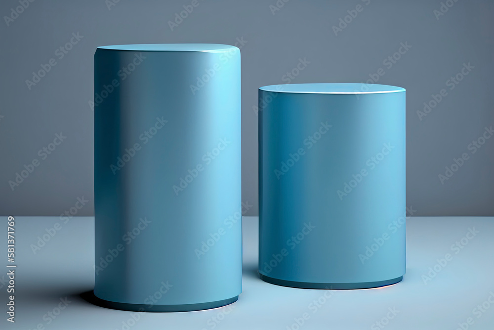 Two blue cylindrical podiums on a neutral background for product presentation in 3D rendering Two blue cylindrical podiums on a neutral background for product presentation in 3D rendering