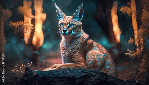generative ai. Big cat caracal Realistic in forest at Africa at night neon light glow realistic fantasy wildcat hunter photo